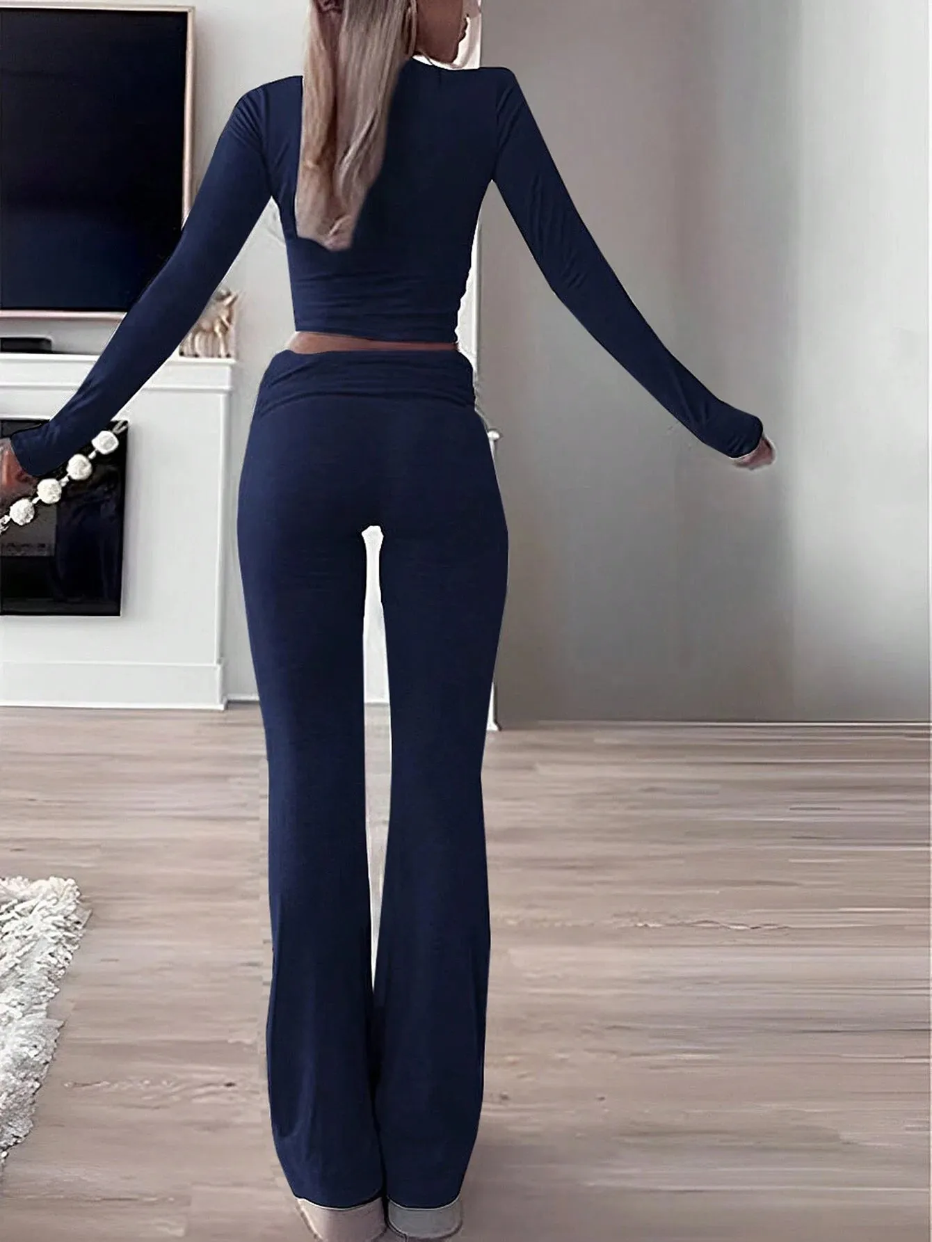 SHEIN Slayr 2pcs Women's Solid Color Cropped Long Sleeve Top And Pants Casual Set, Spring Summer