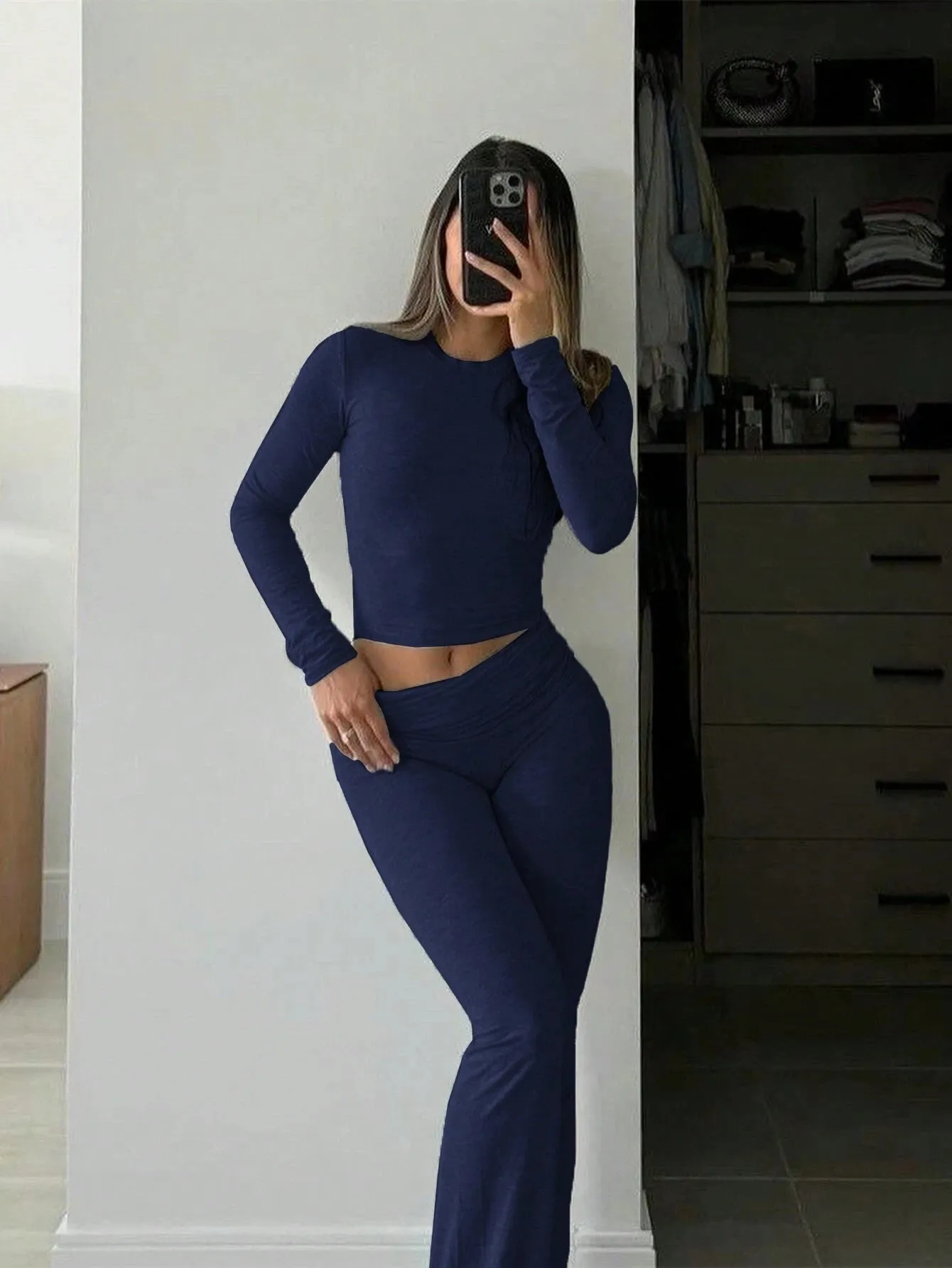 SHEIN Slayr 2pcs Women's Solid Color Cropped Long Sleeve Top And Pants Casual Set, Spring Summer