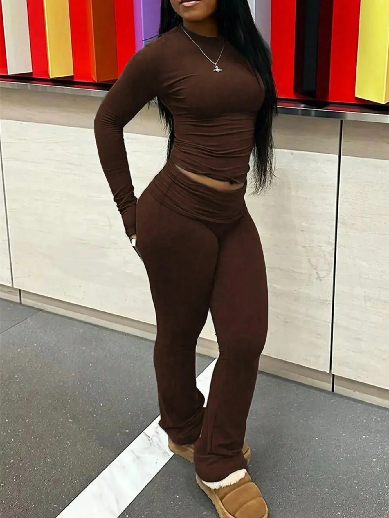 SHEIN Slayr 2pcs Women's Solid Color Cropped Long Sleeve Top And Pants Casual Set, Spring Summer