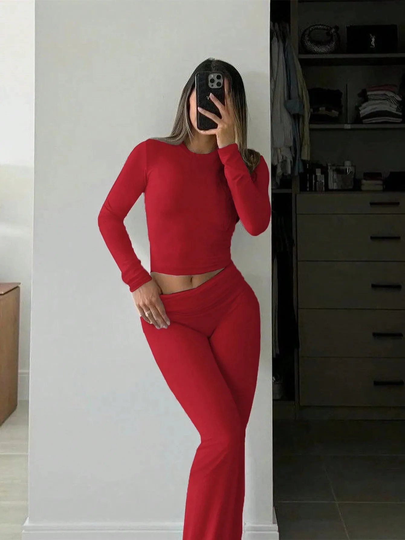 SHEIN Slayr 2pcs Women's Solid Color Cropped Long Sleeve Top And Pants Casual Set, Spring Summer
