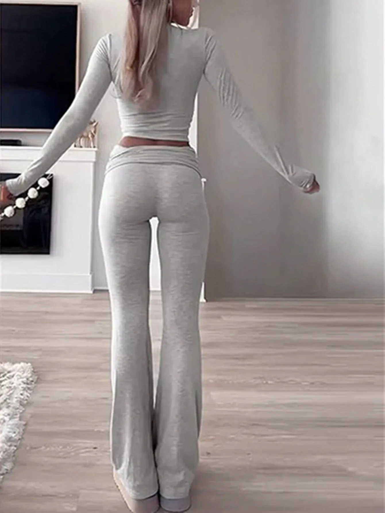 SHEIN Slayr 2pcs Women's Solid Color Cropped Long Sleeve Top And Pants Casual Set, Spring Summer