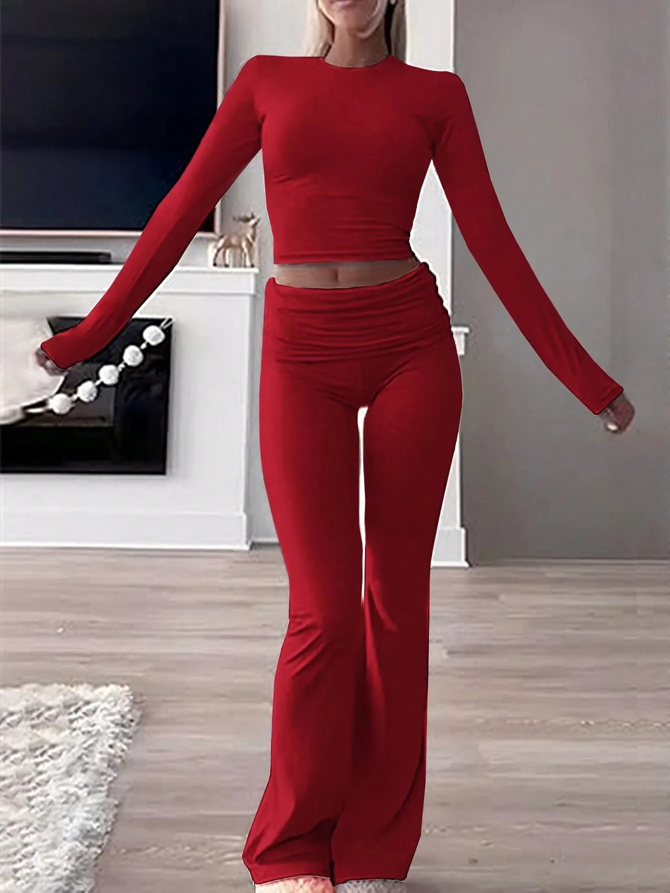 SHEIN Slayr 2pcs Women's Solid Color Cropped Long Sleeve Top And Pants Casual Set, Spring Summer