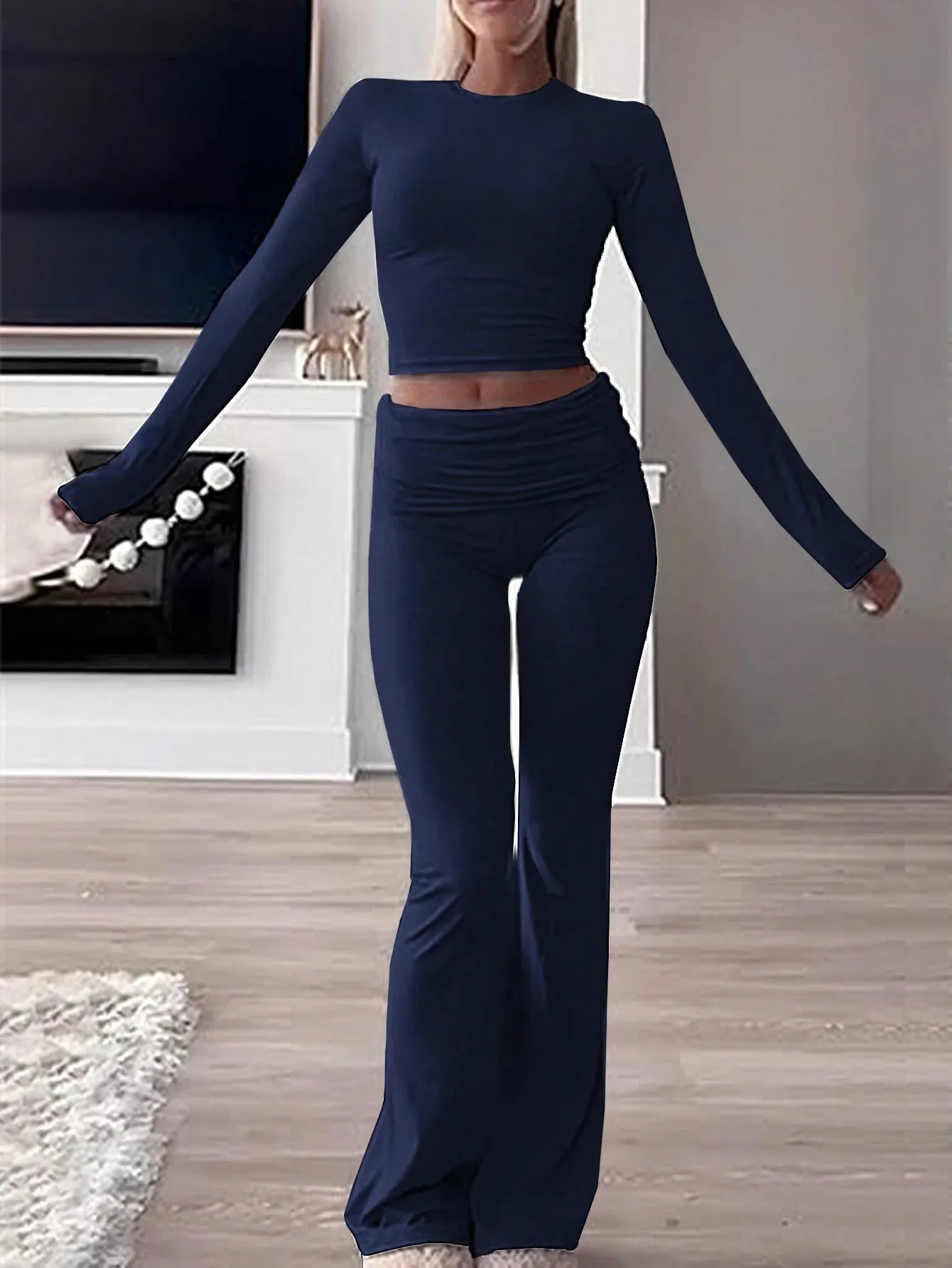 SHEIN Slayr 2pcs Women's Solid Color Cropped Long Sleeve Top And Pants Casual Set, Spring Summer