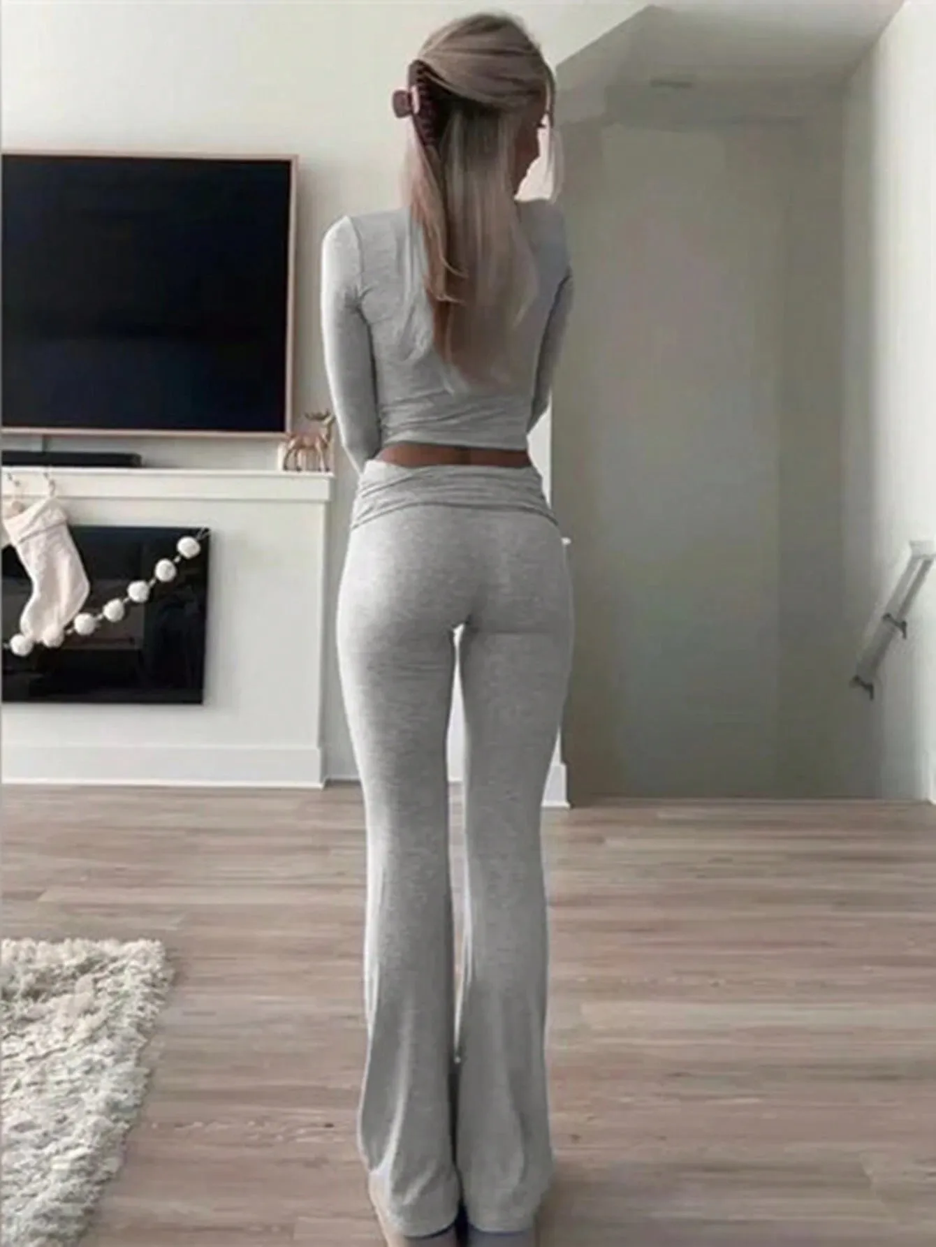 SHEIN Slayr 2pcs Women's Solid Color Cropped Long Sleeve Top And Pants Casual Set, Spring Summer