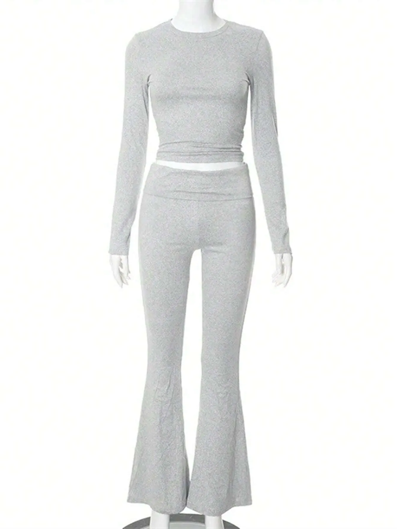 SHEIN Slayr 2pcs Women's Solid Color Cropped Long Sleeve Top And Pants Casual Set, Spring Summer