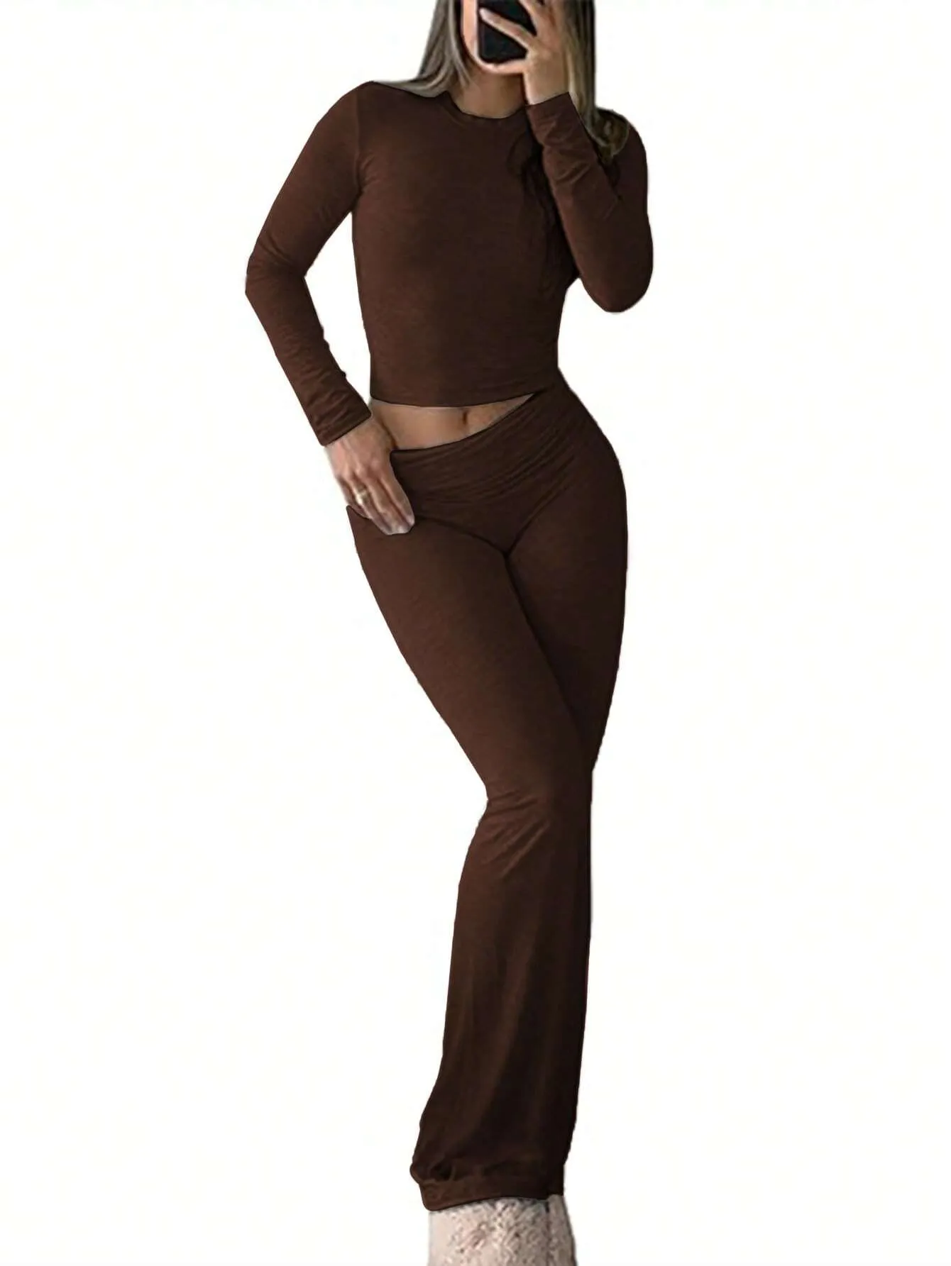 SHEIN Slayr 2pcs Women's Solid Color Cropped Long Sleeve Top And Pants Casual Set, Spring Summer