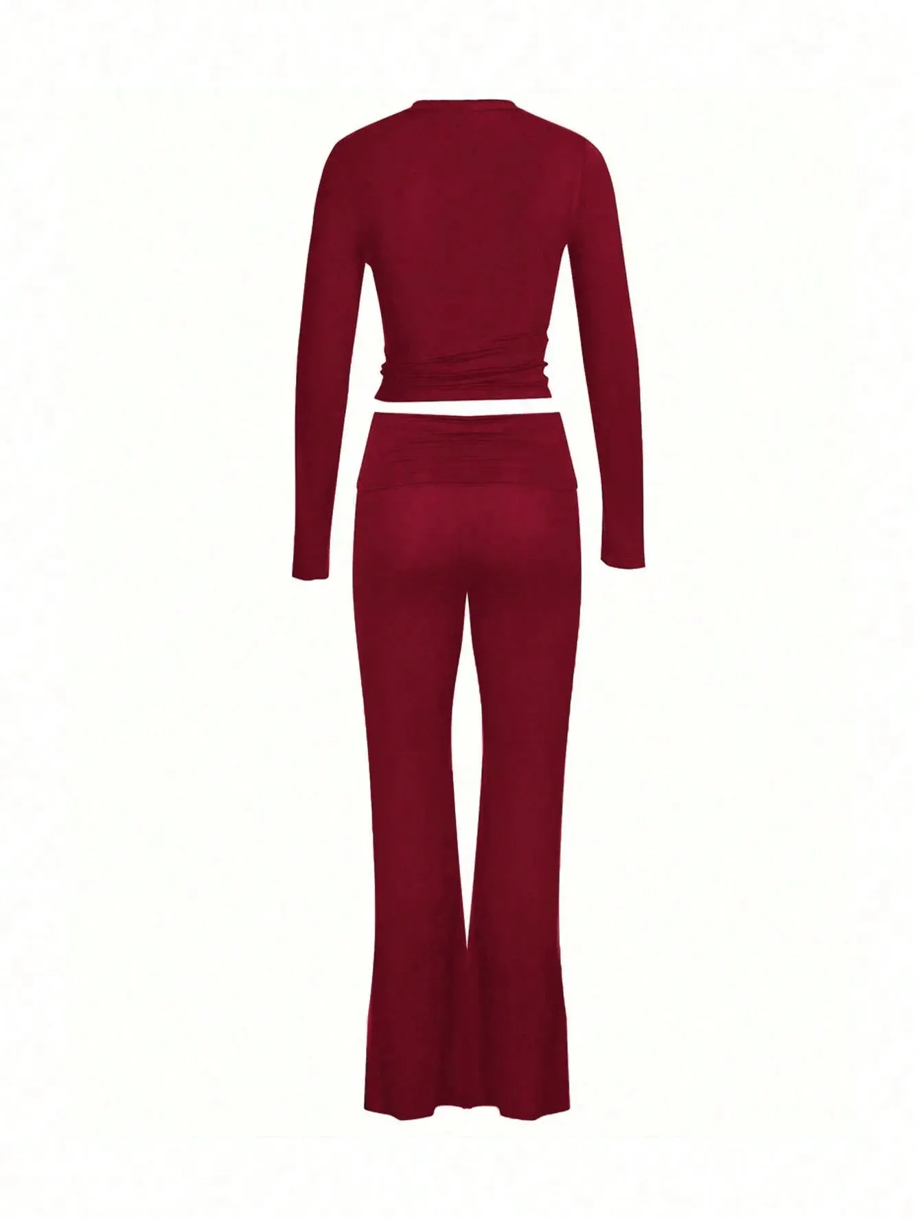 SHEIN Slayr 2pcs Women's Solid Color Cropped Long Sleeve Top And Pants Casual Set, Spring Summer