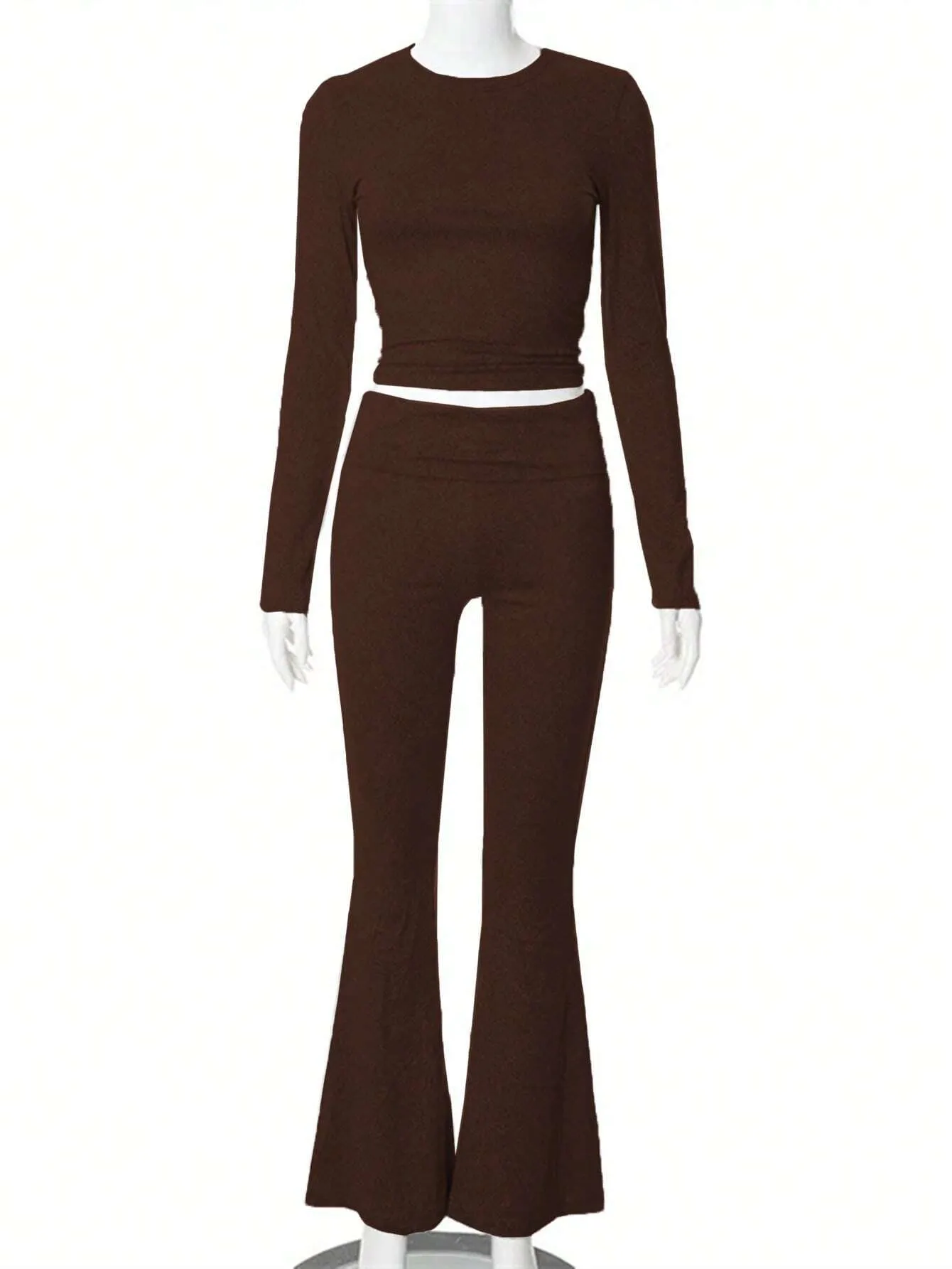 SHEIN Slayr 2pcs Women's Solid Color Cropped Long Sleeve Top And Pants Casual Set, Spring Summer