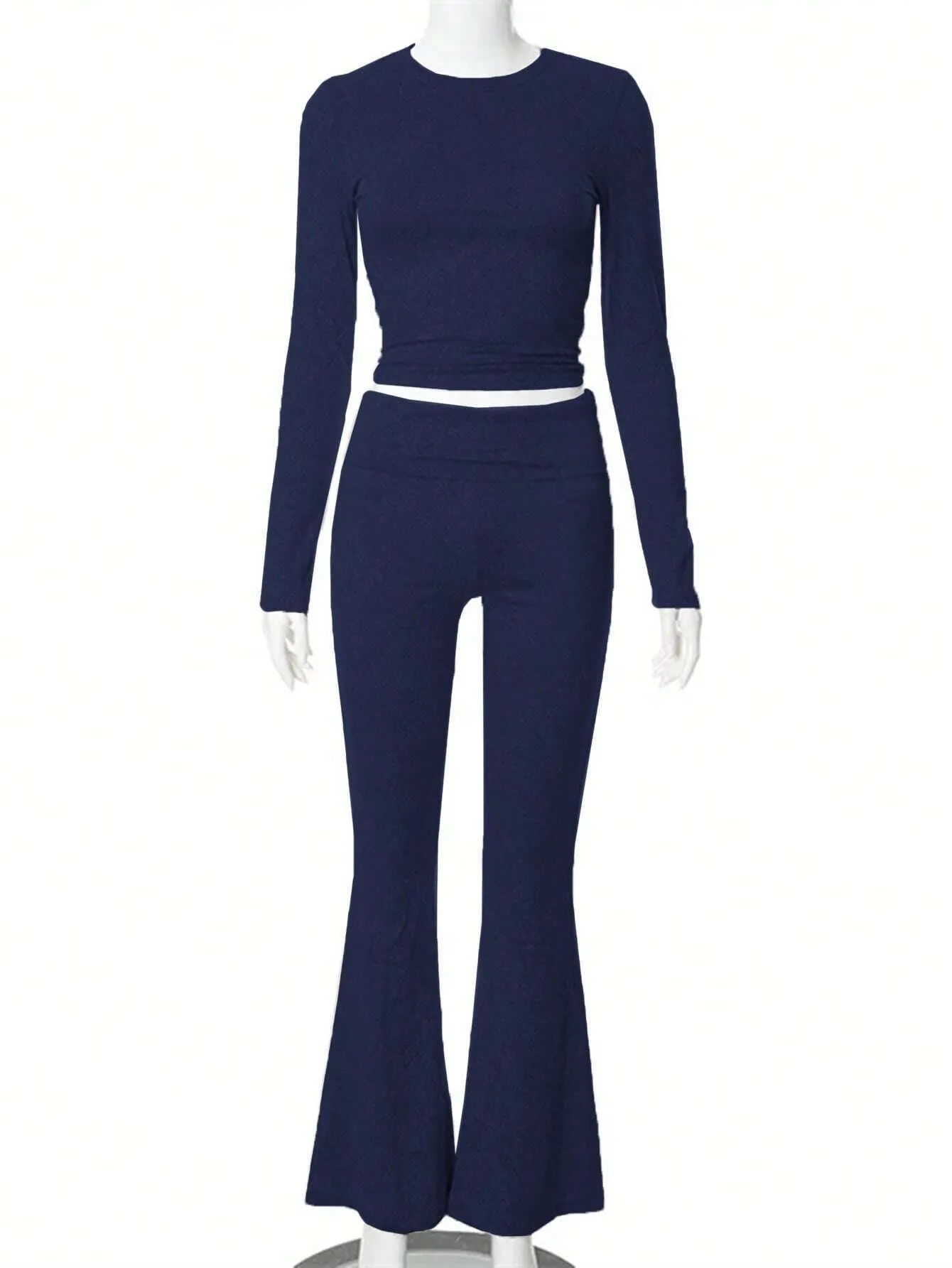 SHEIN Slayr 2pcs Women's Solid Color Cropped Long Sleeve Top And Pants Casual Set, Spring Summer