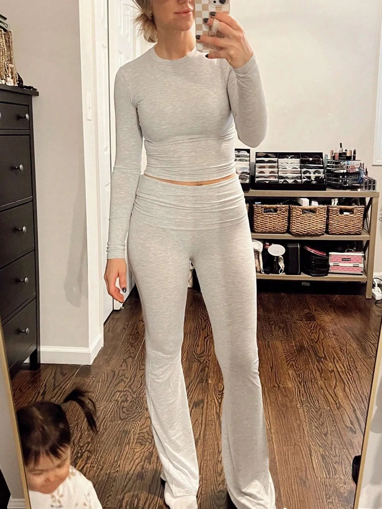 SHEIN Slayr 2pcs Women's Solid Color Cropped Long Sleeve Top And Pants Casual Set, Spring Summer