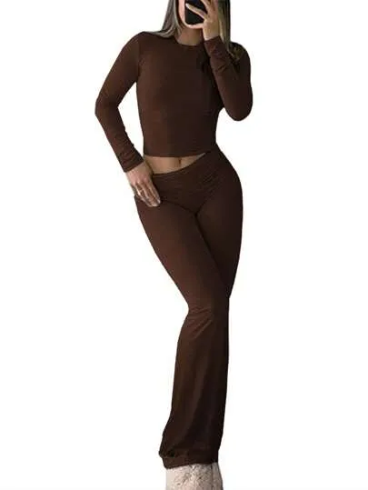 SHEIN Slayr 2pcs Women's Solid Color Cropped Long Sleeve Top And Pants Casual Set, Spring Summer