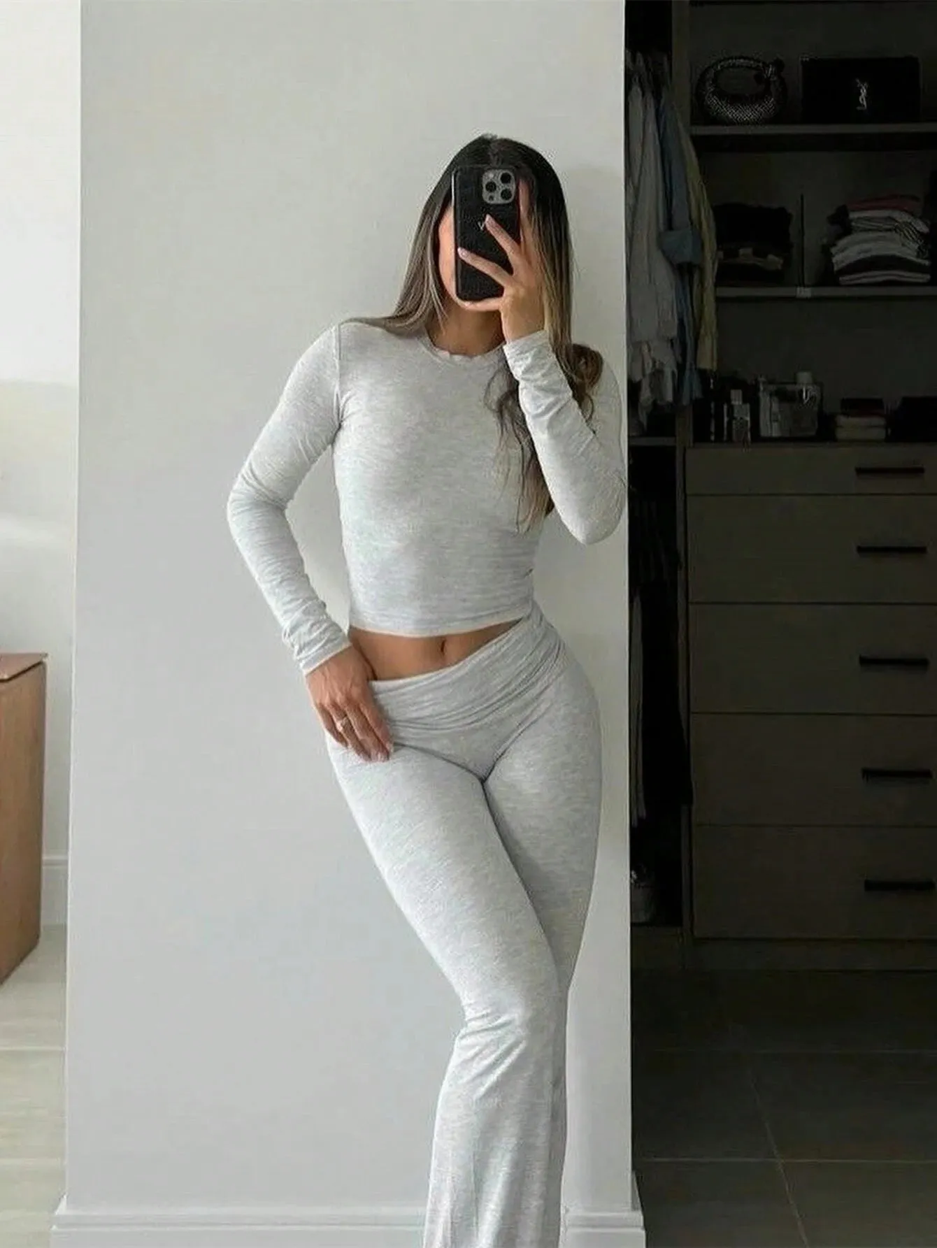 SHEIN Slayr 2pcs Women's Solid Color Cropped Long Sleeve Top And Pants Casual Set, Spring Summer