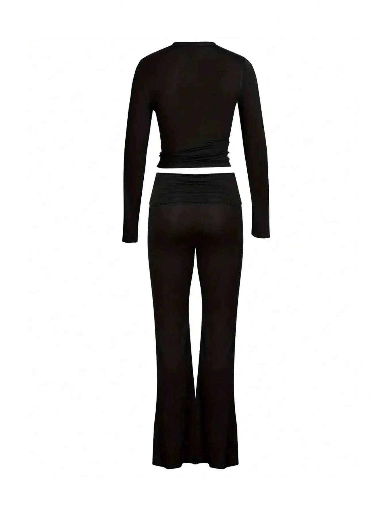 SHEIN Slayr 2pcs Women's Solid Color Cropped Long Sleeve Top And Pants Casual Set, Spring Summer