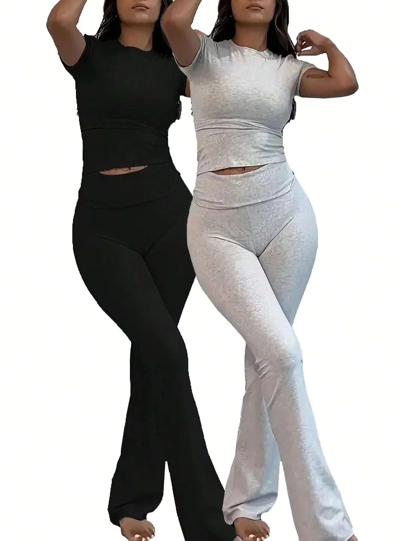 SHEIN Slayr 2pcs Women's Solid Color Cropped Long Sleeve Top And Pants Casual Set, Spring Summer