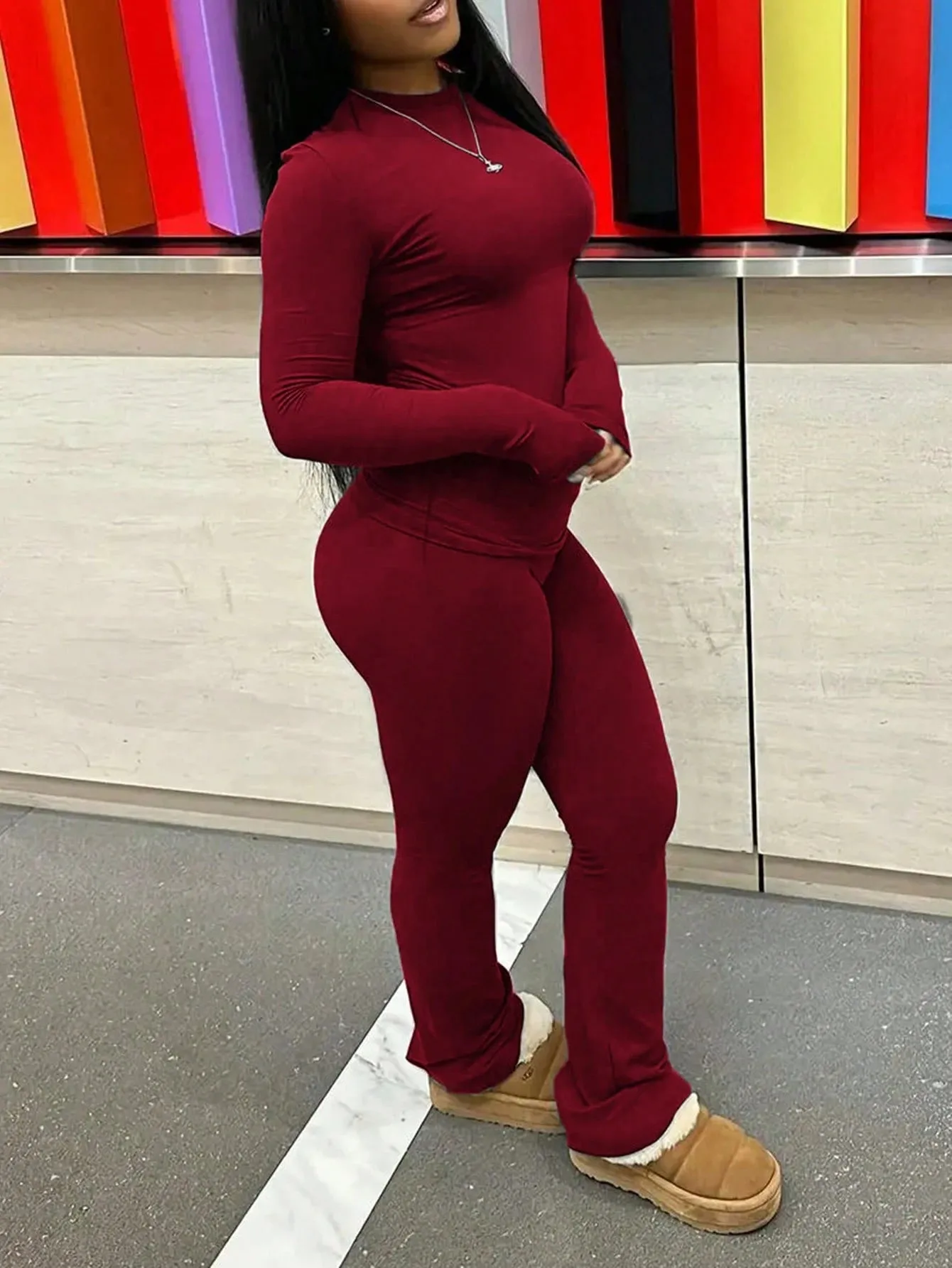 SHEIN Slayr 2pcs Women's Solid Color Cropped Long Sleeve Top And Pants Casual Set, Spring Summer