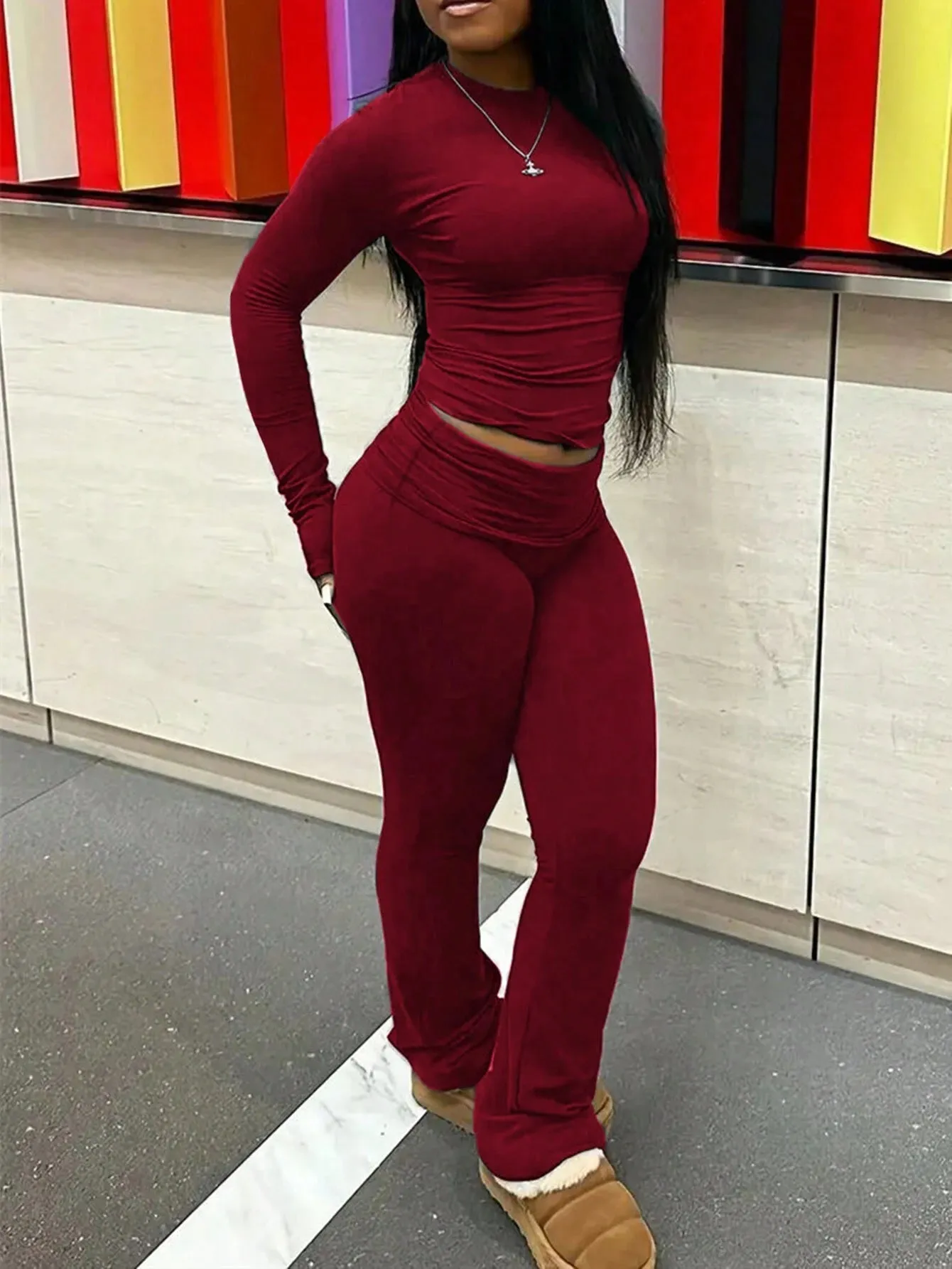SHEIN Slayr 2pcs Women's Solid Color Cropped Long Sleeve Top And Pants Casual Set, Spring Summer