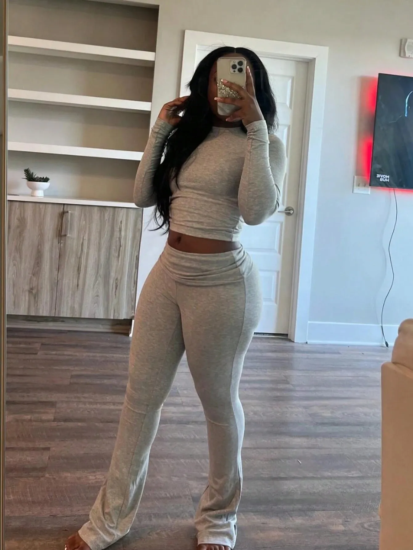SHEIN Slayr 2pcs Women's Solid Color Cropped Long Sleeve Top And Pants Casual Set, Spring Summer