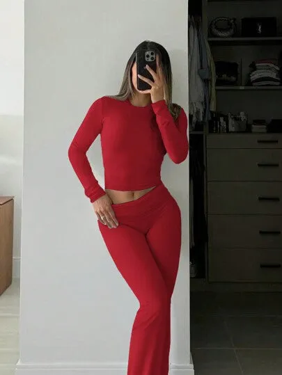 SHEIN Slayr 2pcs Women's Solid Color Cropped Long Sleeve Top And Pants Casual Set, Spring Summer