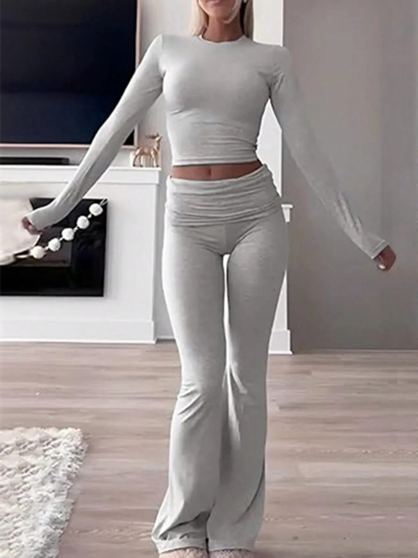 SHEIN Slayr 2pcs Women's Solid Color Cropped Long Sleeve Top And Pants Casual Set, Spring Summer