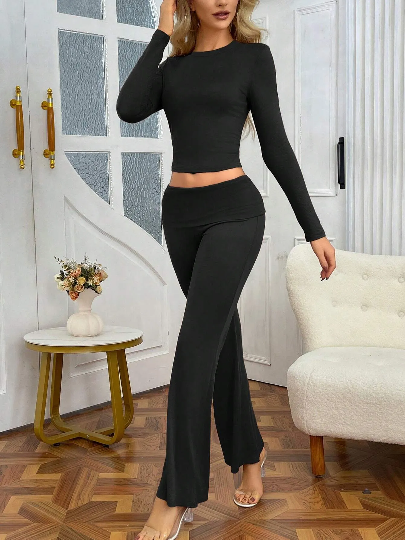 SHEIN Slayr 2pcs Women's Solid Color Cropped Long Sleeve Top And Pants Casual Set, Spring Summer
