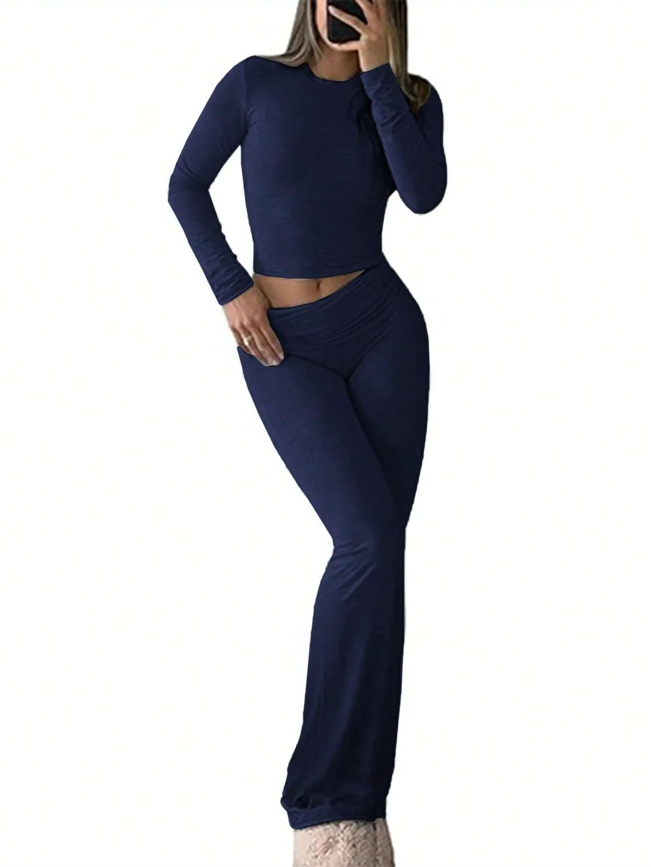 SHEIN Slayr 2pcs Women's Solid Color Cropped Long Sleeve Top And Pants Casual Set, Spring Summer