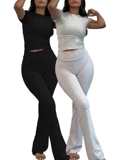 SHEIN Slayr 2pcs Women's Solid Color Cropped Long Sleeve Top And Pants Casual Set, Spring Summer