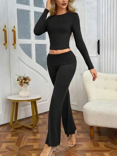 SHEIN Slayr 2pcs Women's Solid Color Cropped Long Sleeve Top And Pants Casual Set, Spring Summer