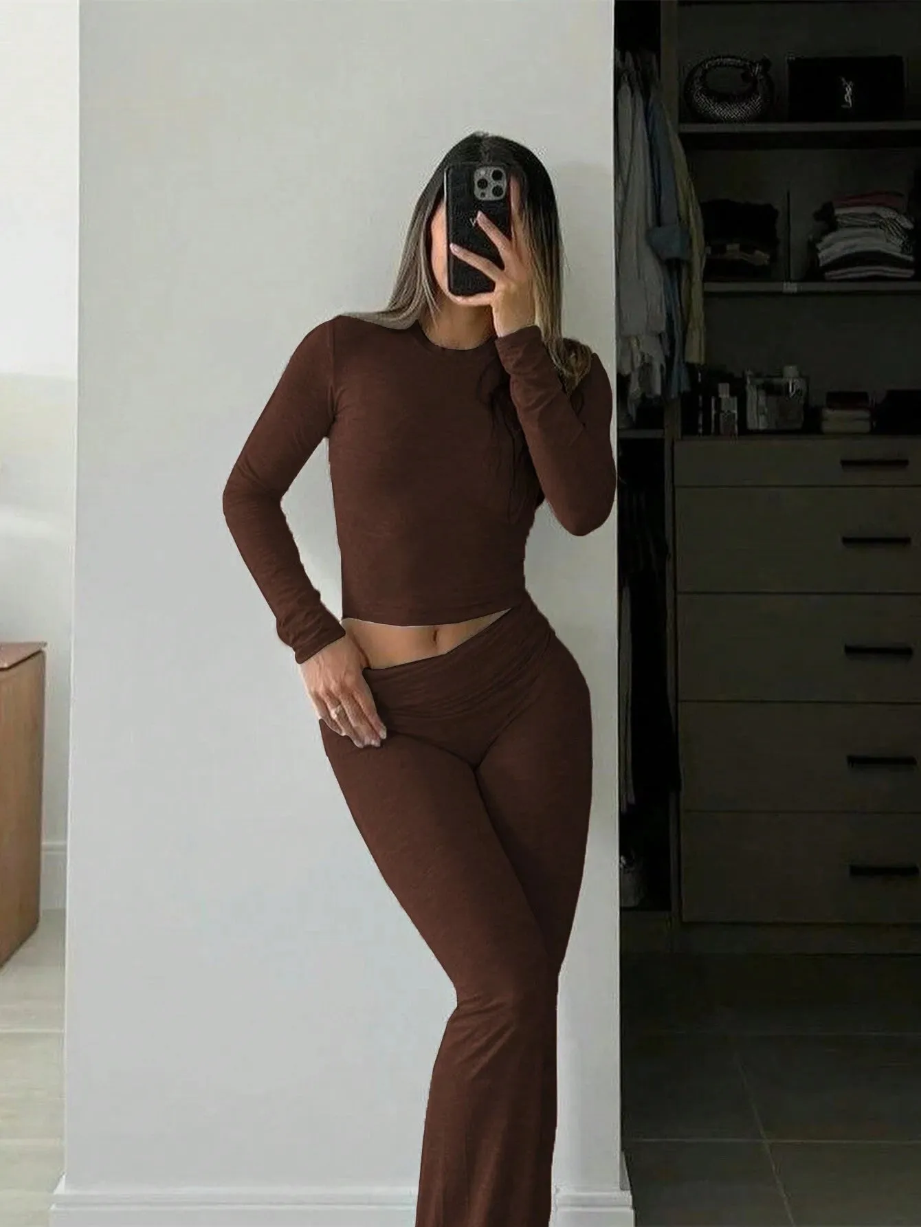 SHEIN Slayr 2pcs Women's Solid Color Cropped Long Sleeve Top And Pants Casual Set, Spring Summer