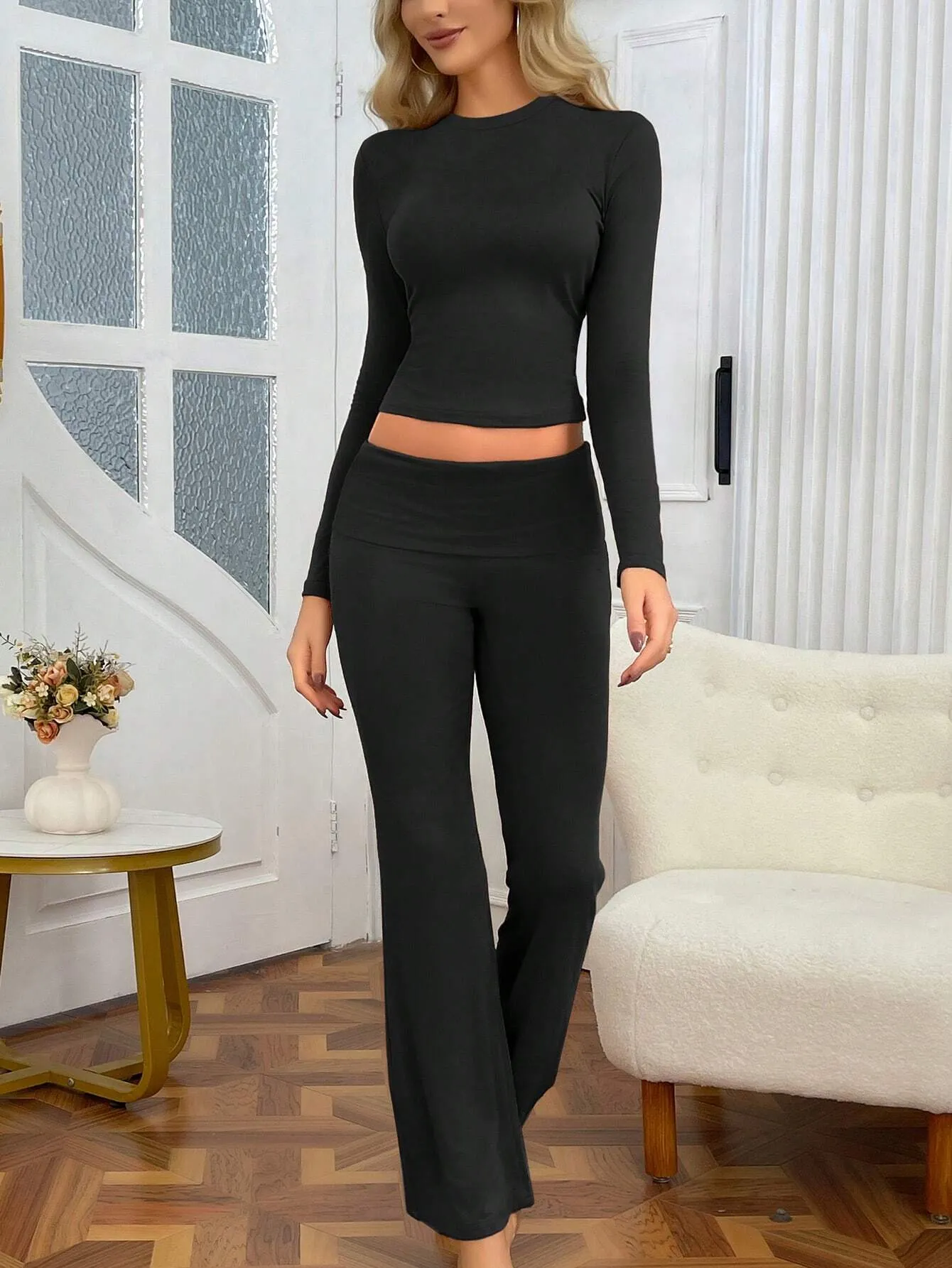 SHEIN Slayr 2pcs Women's Solid Color Cropped Long Sleeve Top And Pants Casual Set, Spring Summer