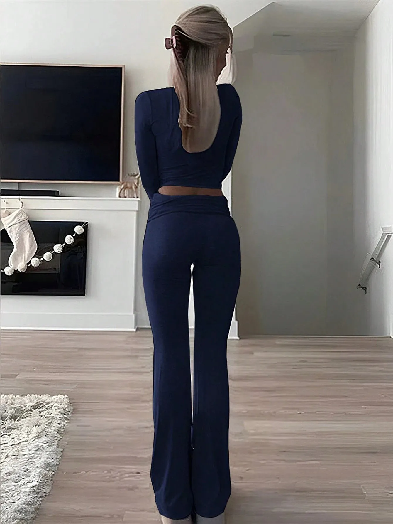 SHEIN Slayr 2pcs Women's Solid Color Cropped Long Sleeve Top And Pants Casual Set, Spring Summer