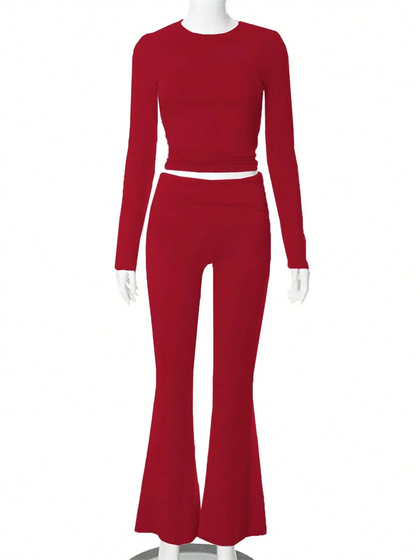 SHEIN Slayr 2pcs Women's Solid Color Cropped Long Sleeve Top And Pants Casual Set, Spring Summer
