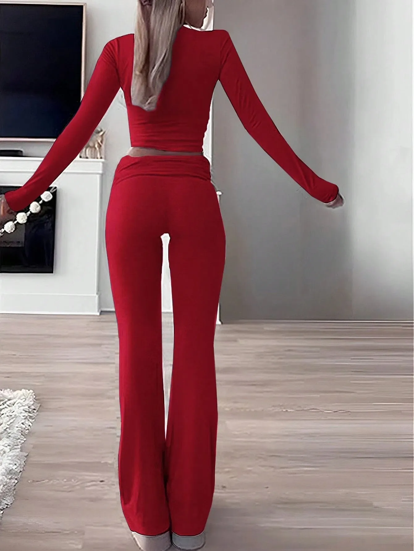 SHEIN Slayr 2pcs Women's Solid Color Cropped Long Sleeve Top And Pants Casual Set, Spring Summer