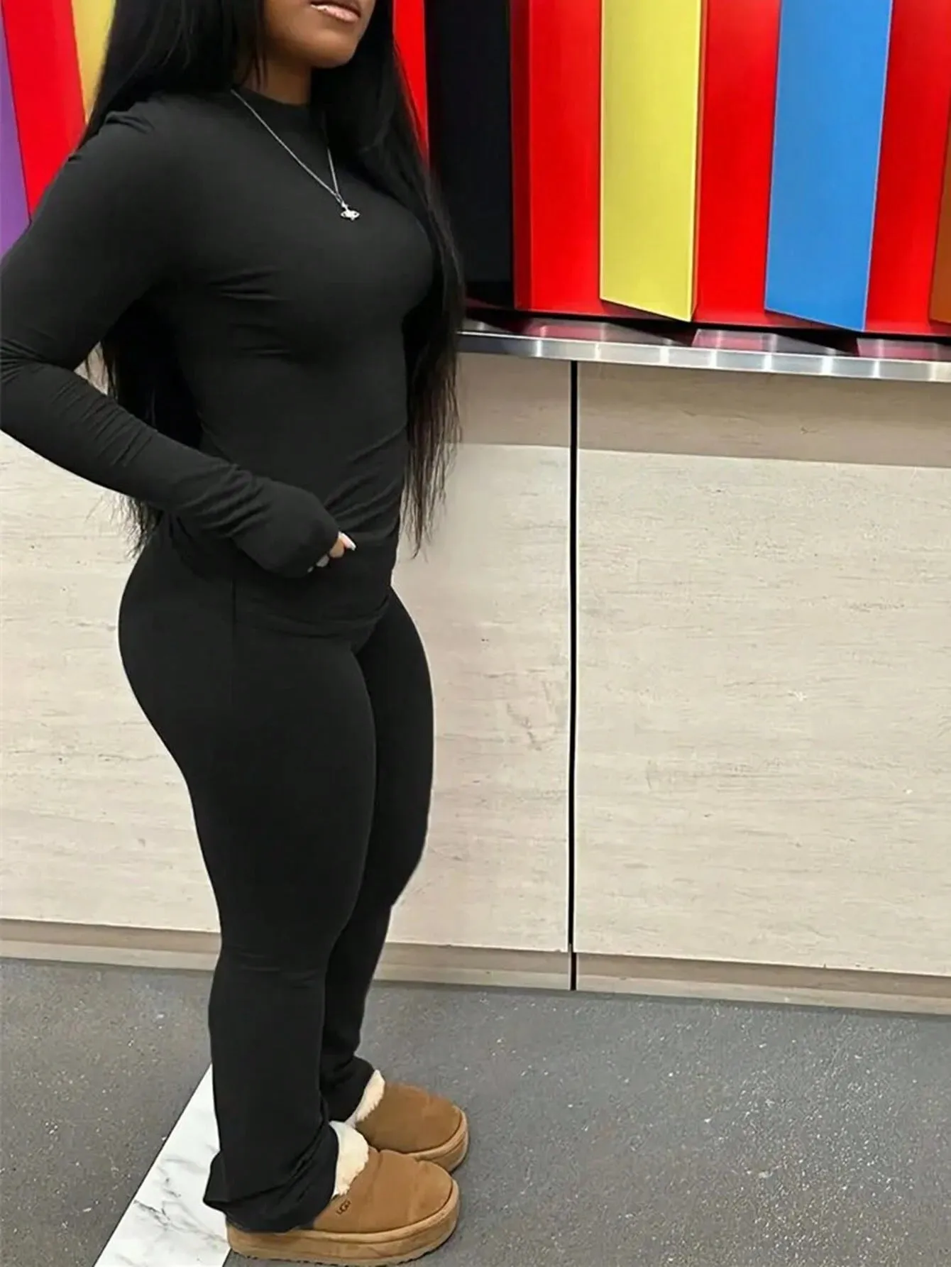 SHEIN Slayr 2pcs Women's Solid Crew Neck Long Sleeve Top And Long Pants Casual Outfit