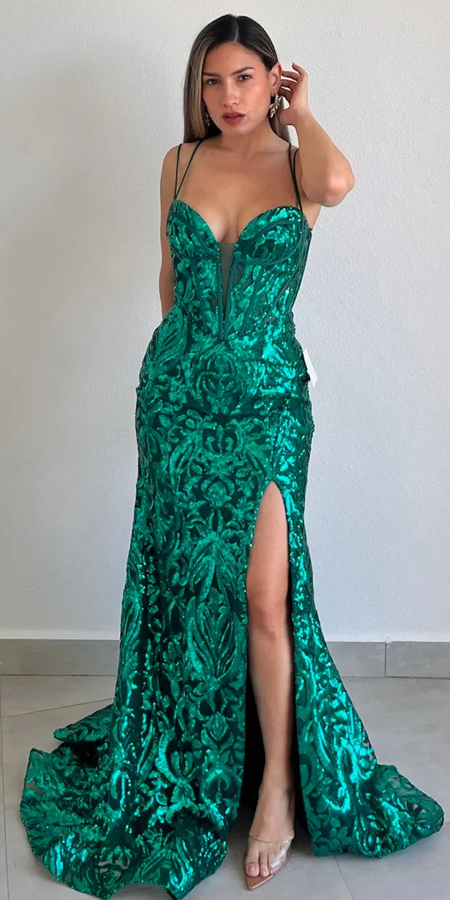 Shimmering Icon Emerald Sequins Formal Gown