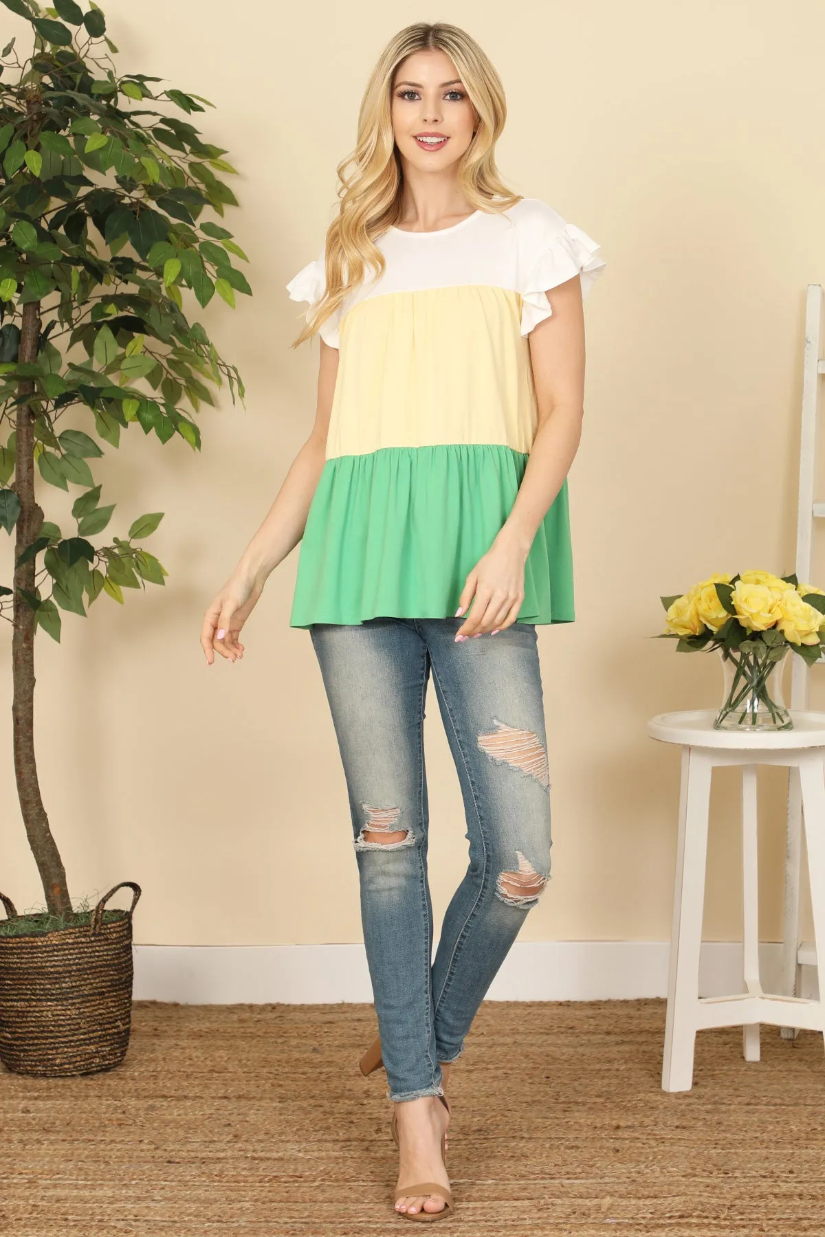 Short Ruffle Sleeve Color Block Top