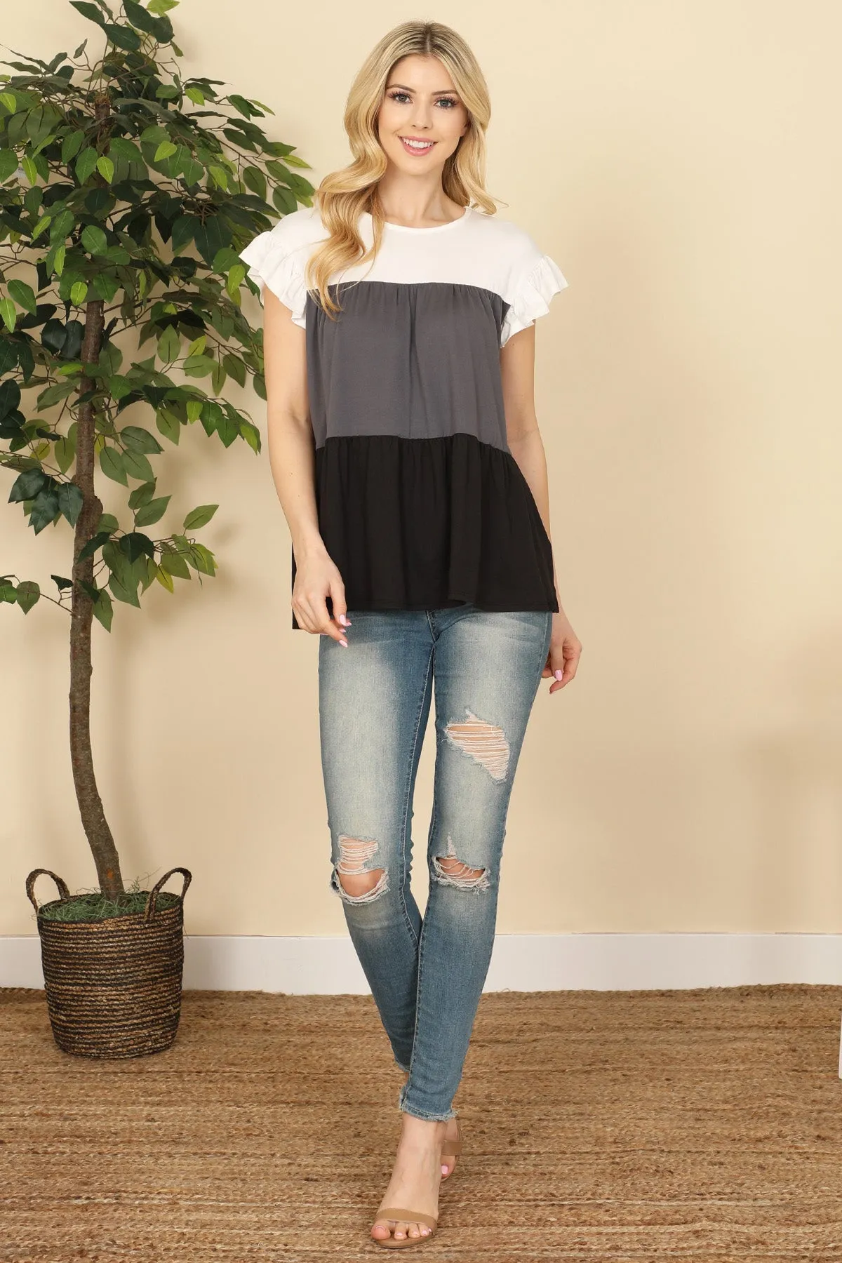 Short Ruffle Sleeve Color Block Top