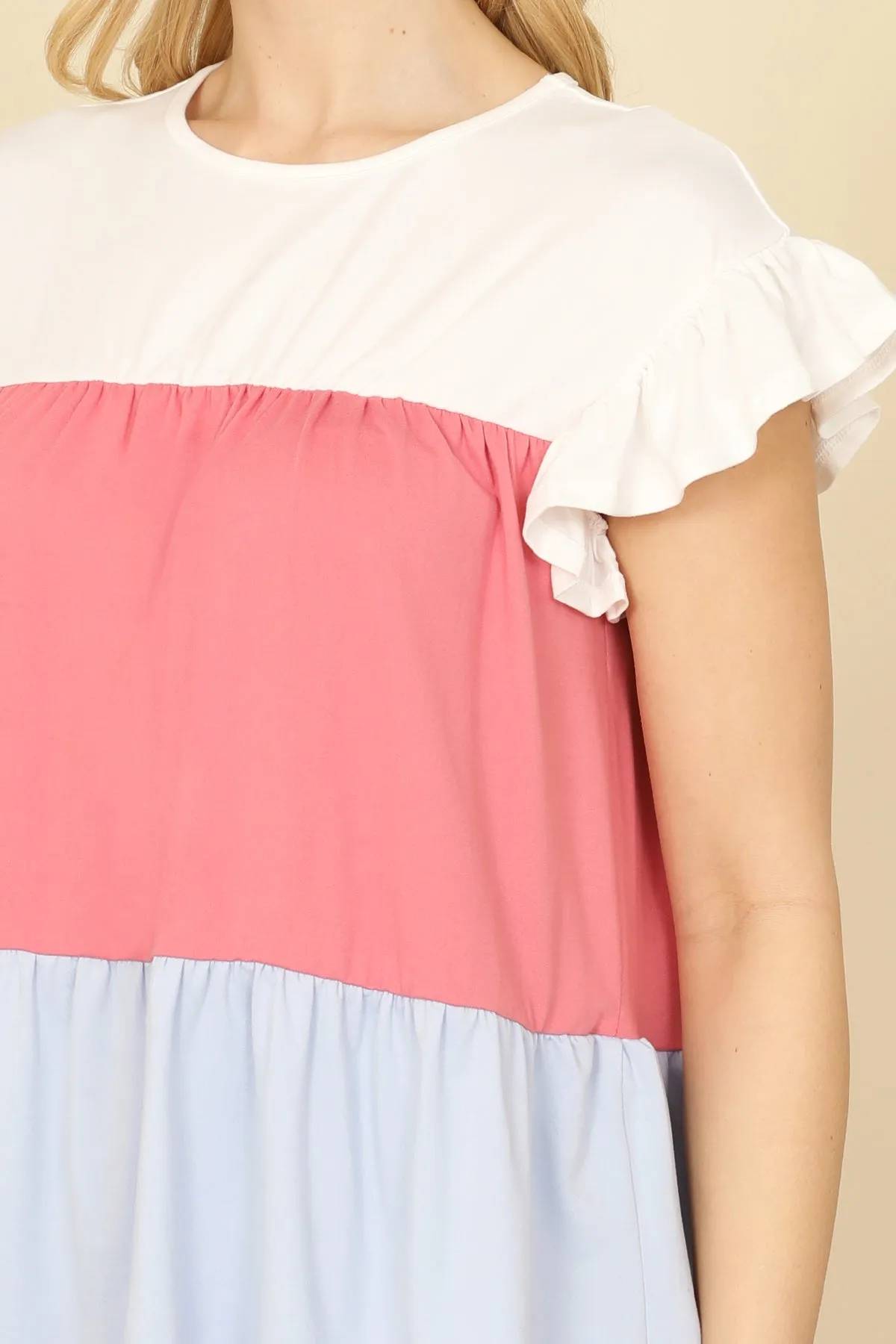 Short Ruffle Sleeve Color Block Top