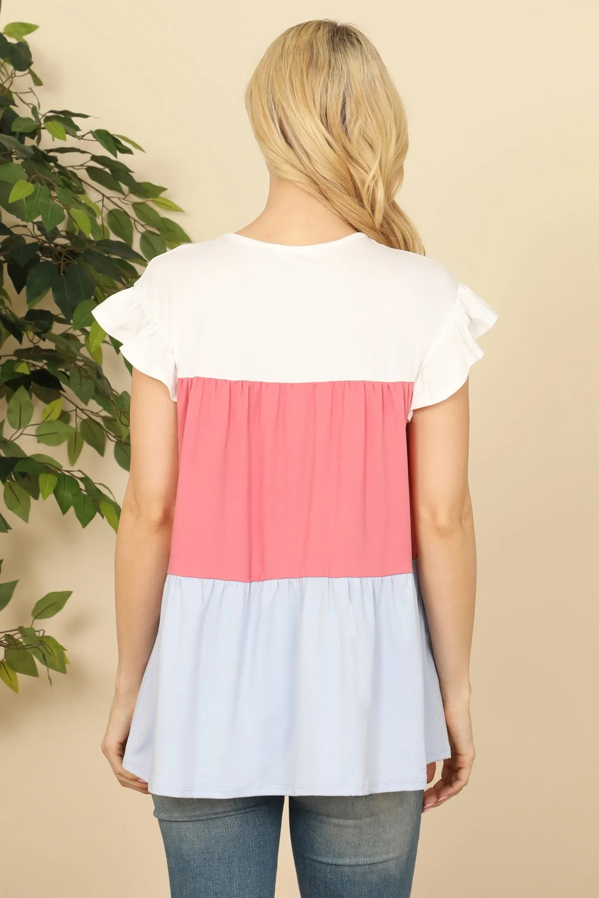 Short Ruffle Sleeve Color Block Top