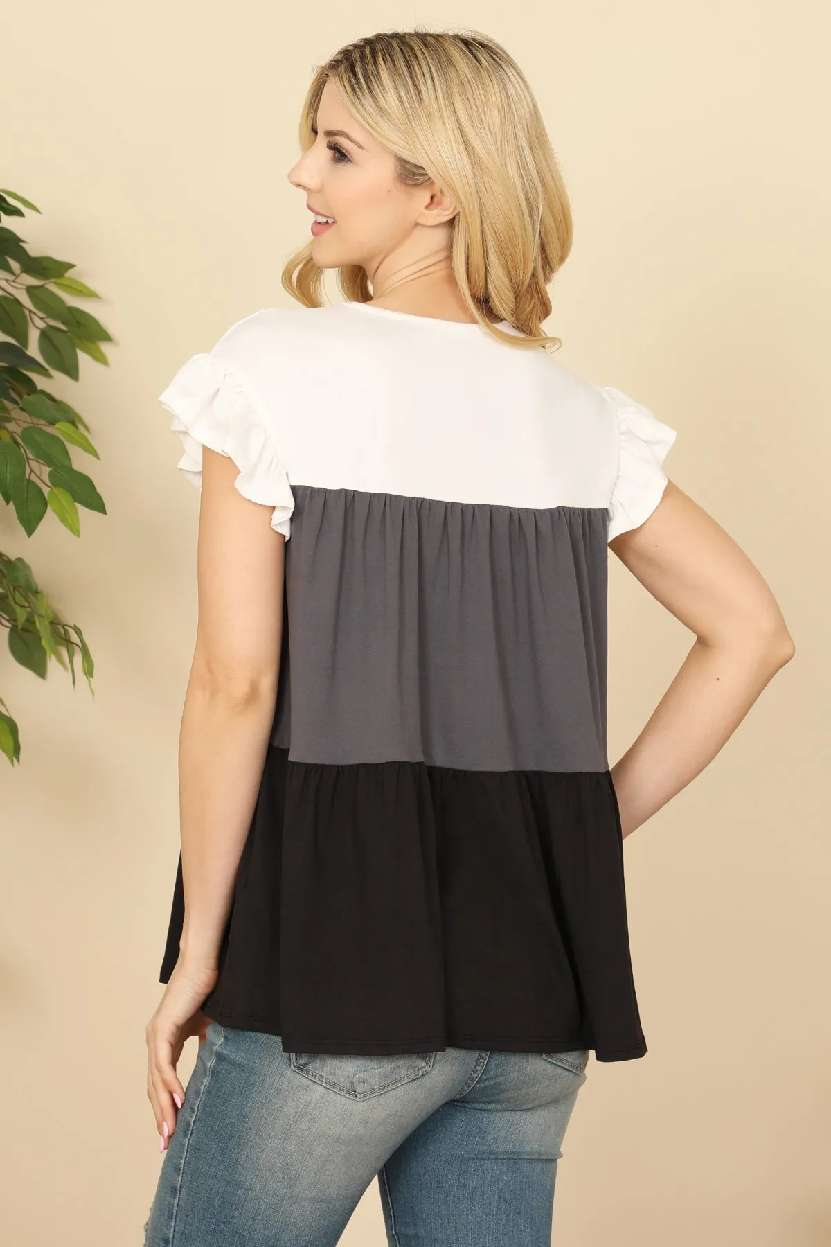 Short Ruffle Sleeve Color Block Top
