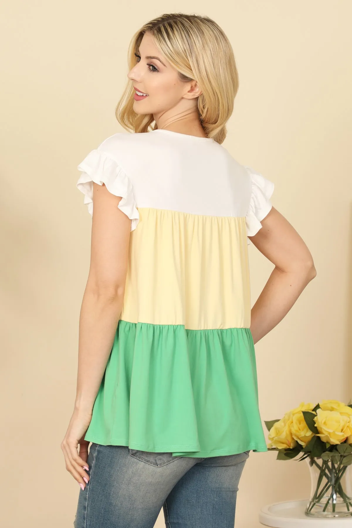 Short Ruffle Sleeve Color Block Top