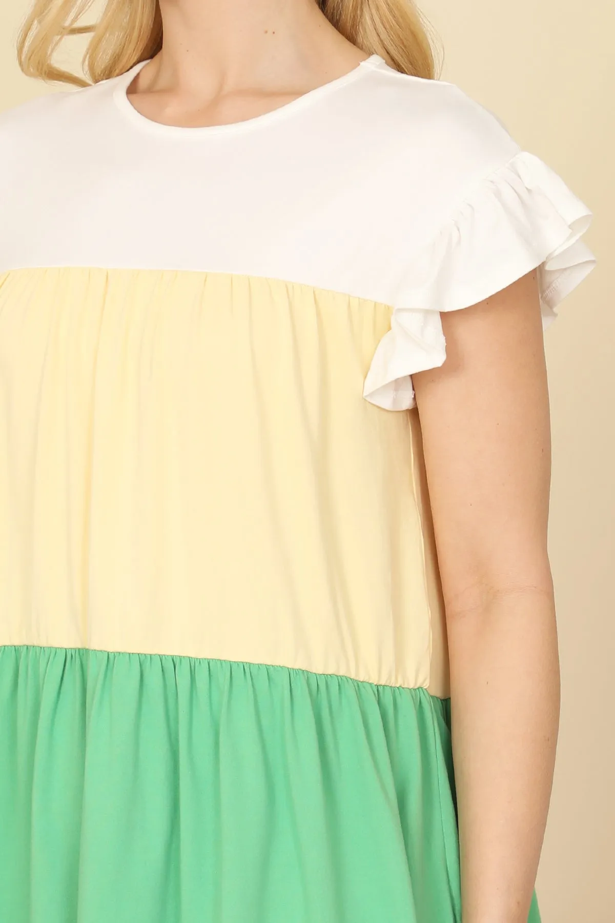 Short Ruffle Sleeve Color Block Top
