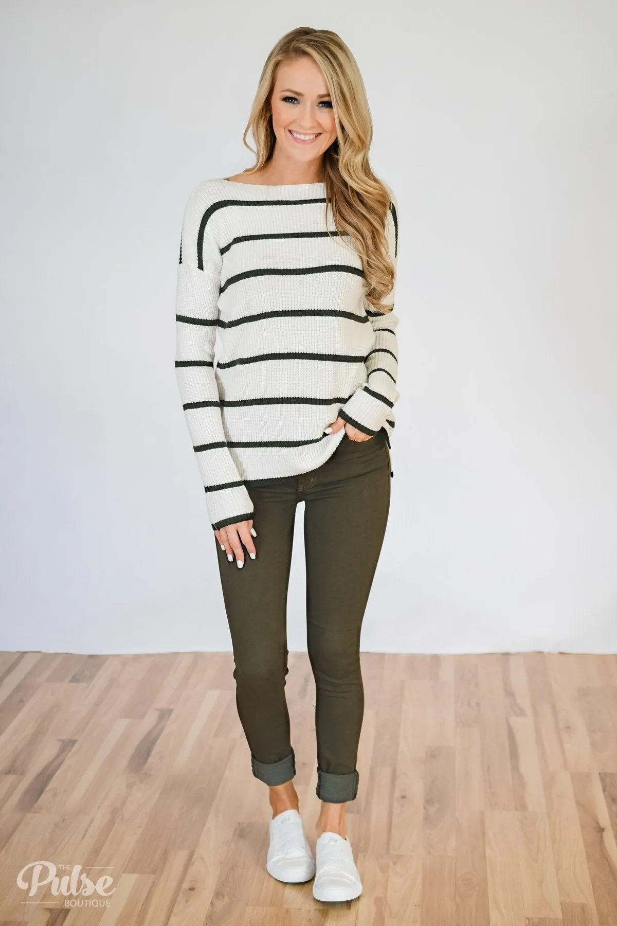 Side by Side Striped Knit Sweater- Ivory & Olive