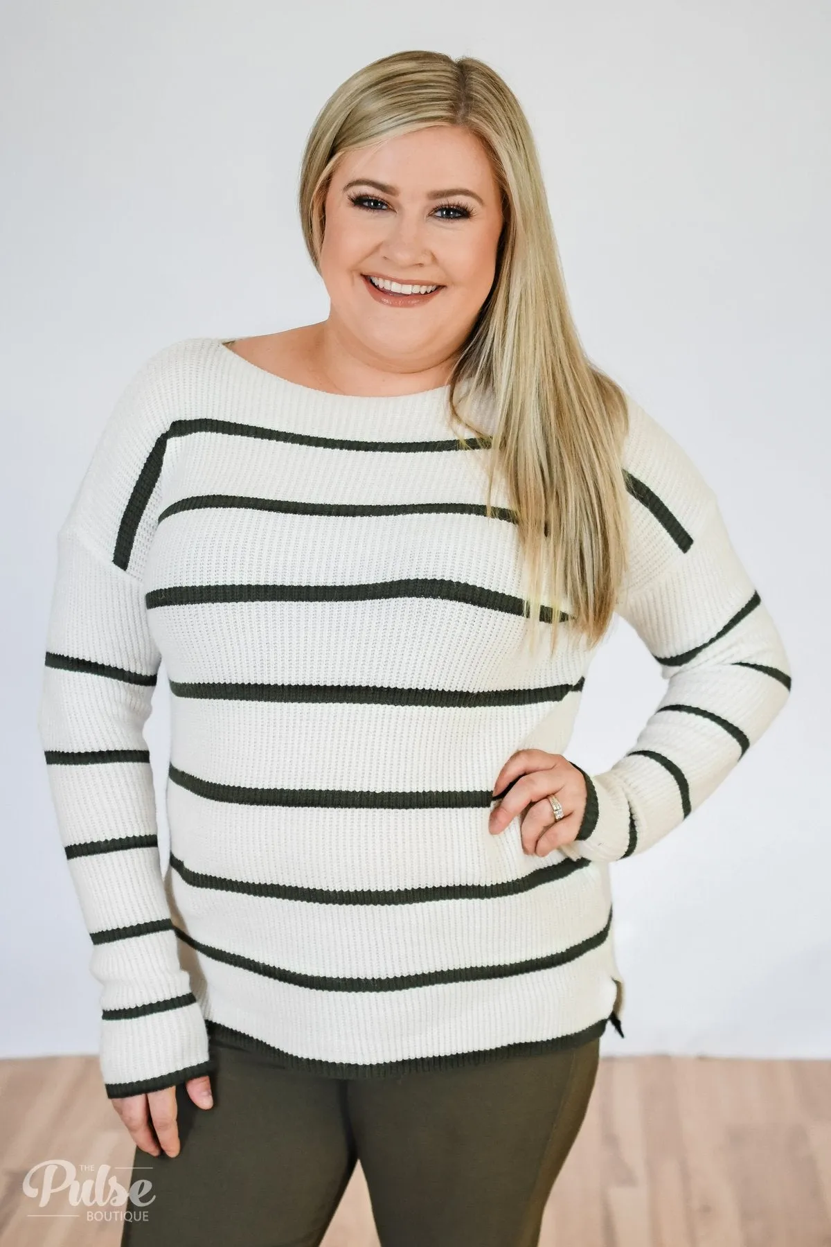 Side by Side Striped Knit Sweater- Ivory & Olive