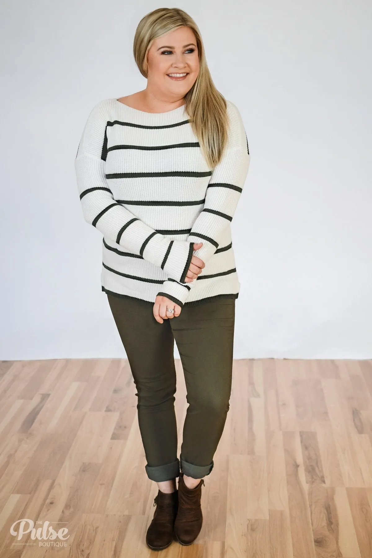 Side by Side Striped Knit Sweater- Ivory & Olive