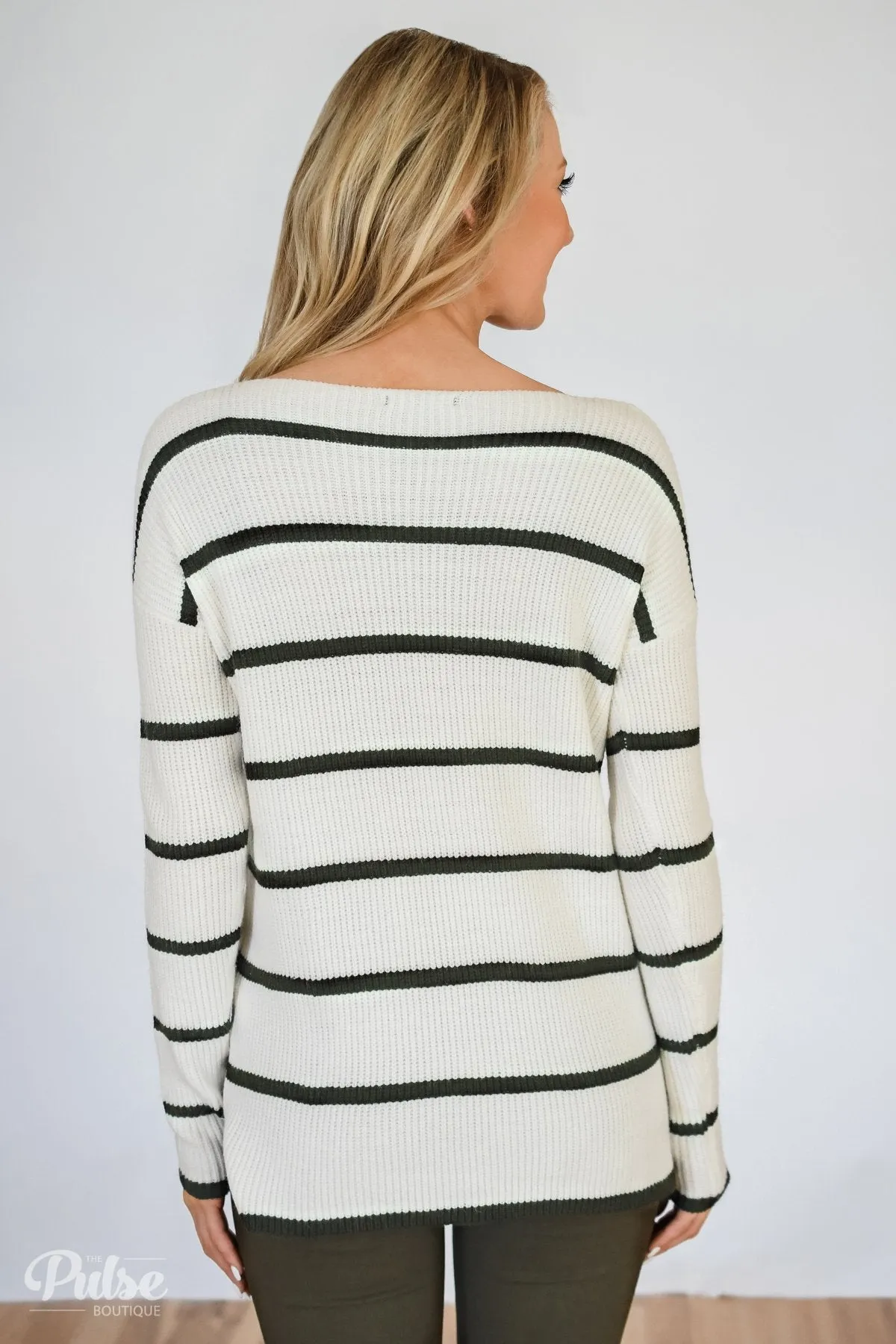 Side by Side Striped Knit Sweater- Ivory & Olive