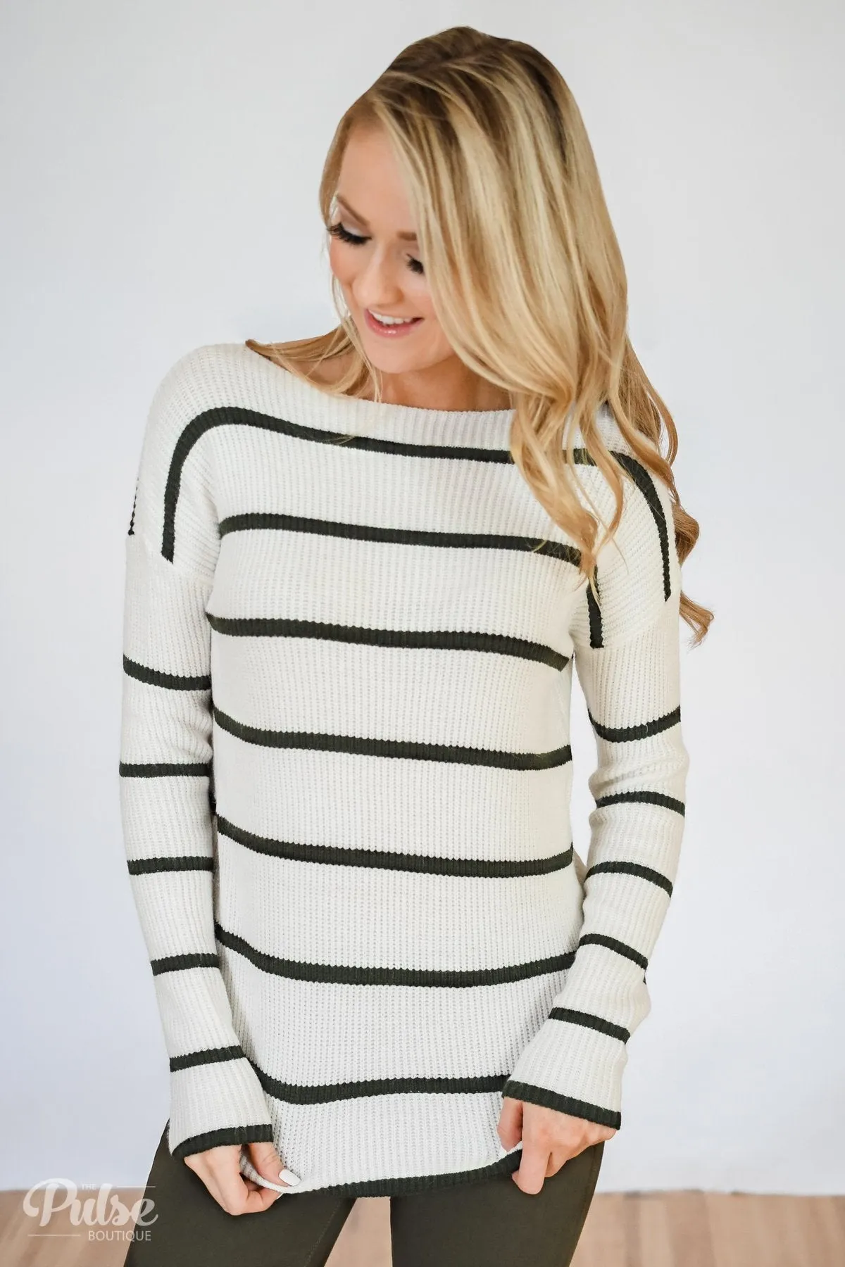 Side by Side Striped Knit Sweater- Ivory & Olive