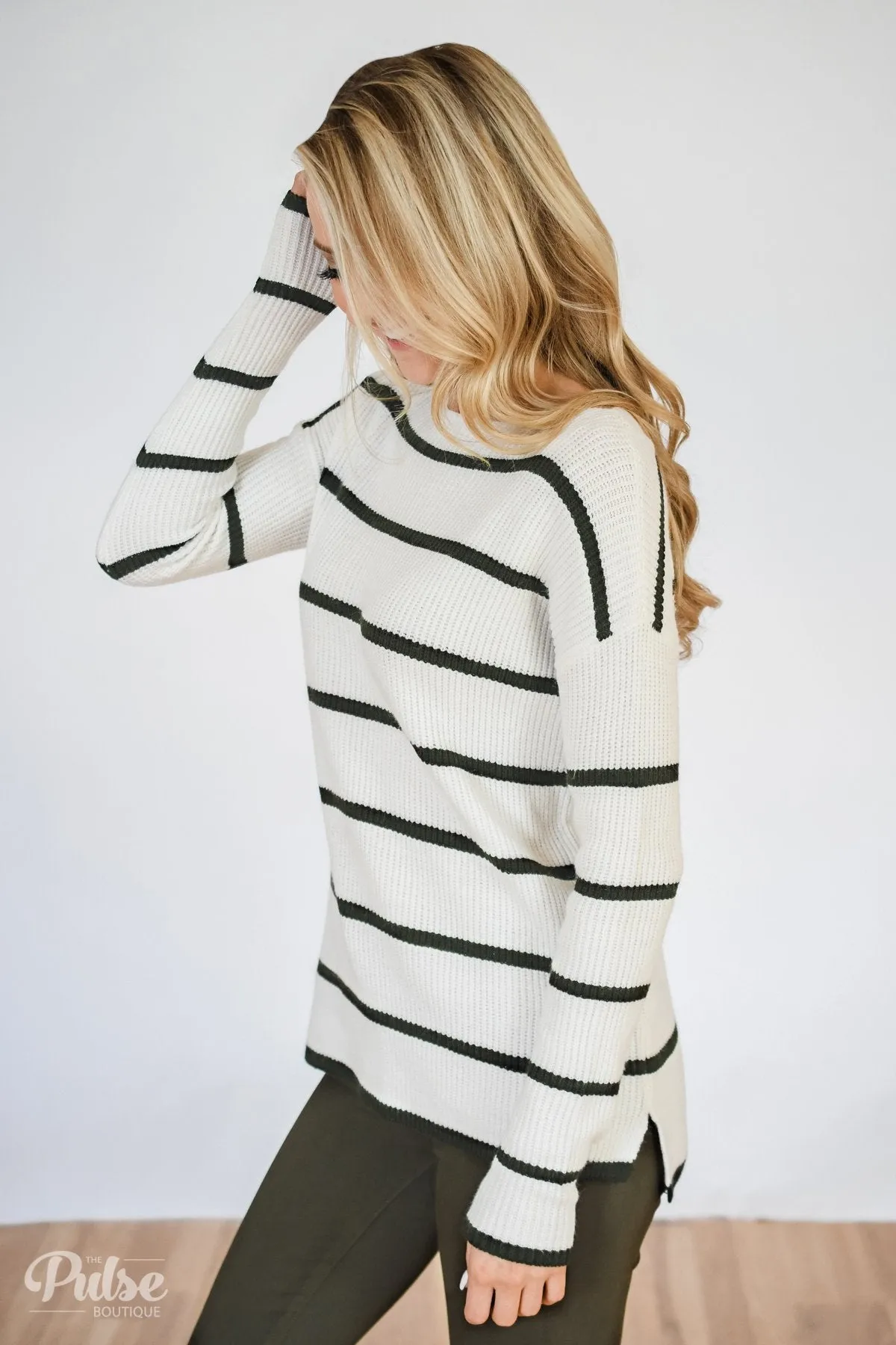 Side by Side Striped Knit Sweater- Ivory & Olive