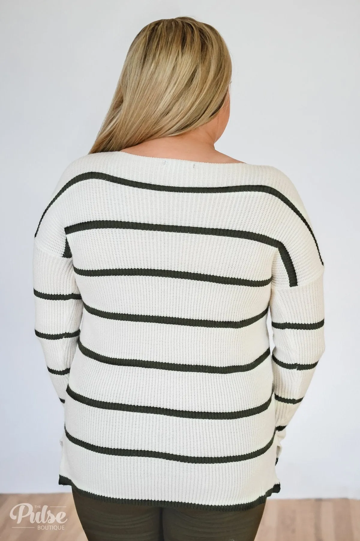 Side by Side Striped Knit Sweater- Ivory & Olive