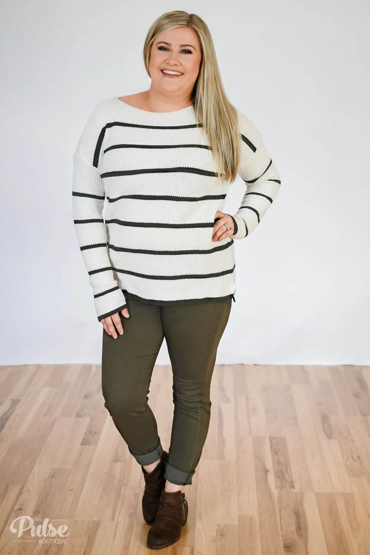 Side by Side Striped Knit Sweater- Ivory & Olive