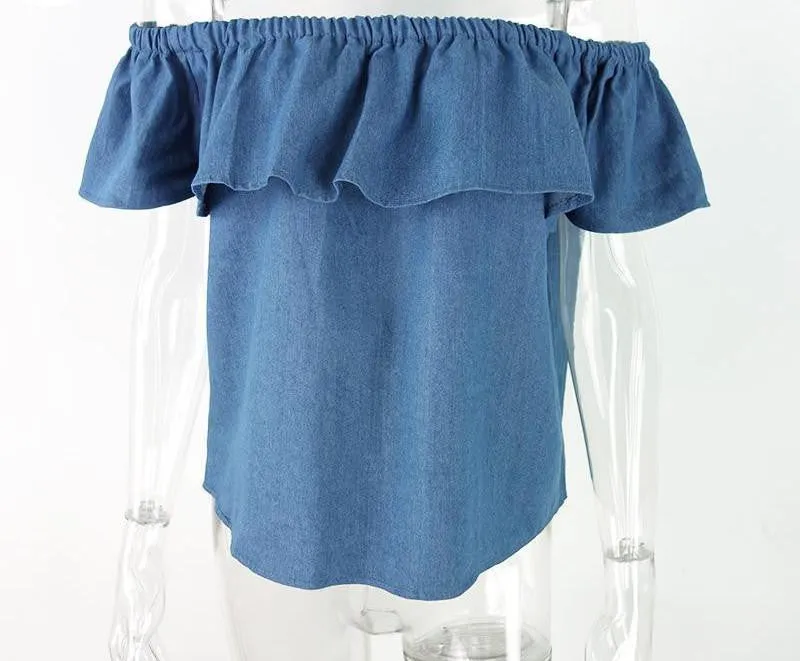 Simplee sexy off shoulder women denim tops Casual ruffles short sleeve blue Loose beach girl tops
